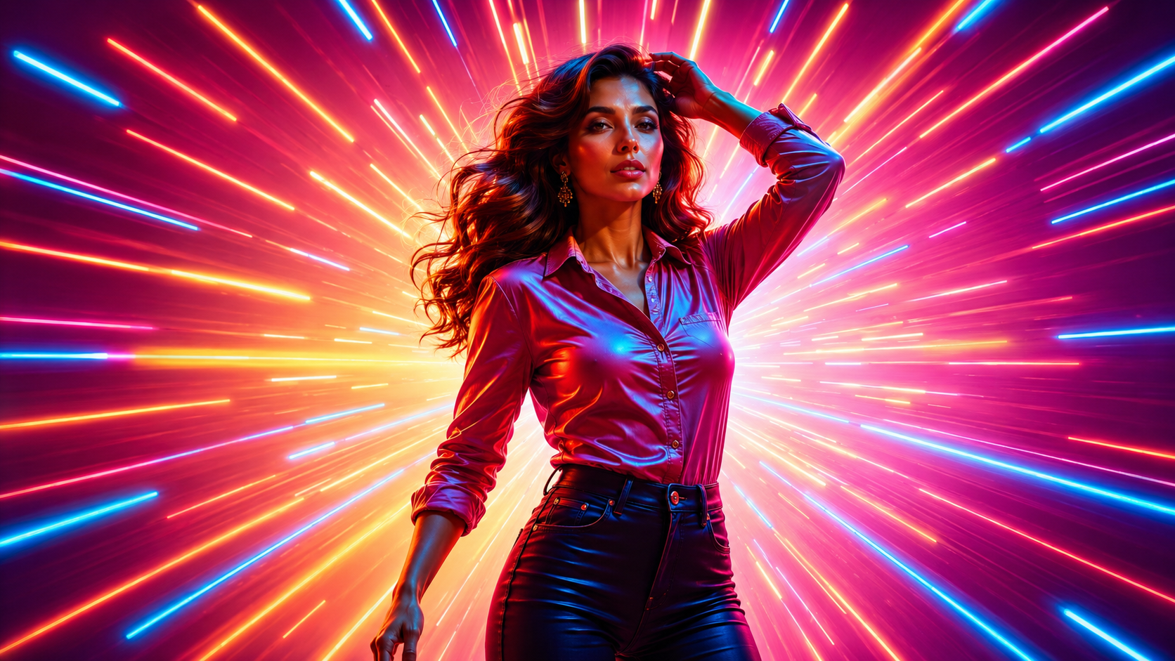 CRYSTALLE surrounded by radiant neon light trails