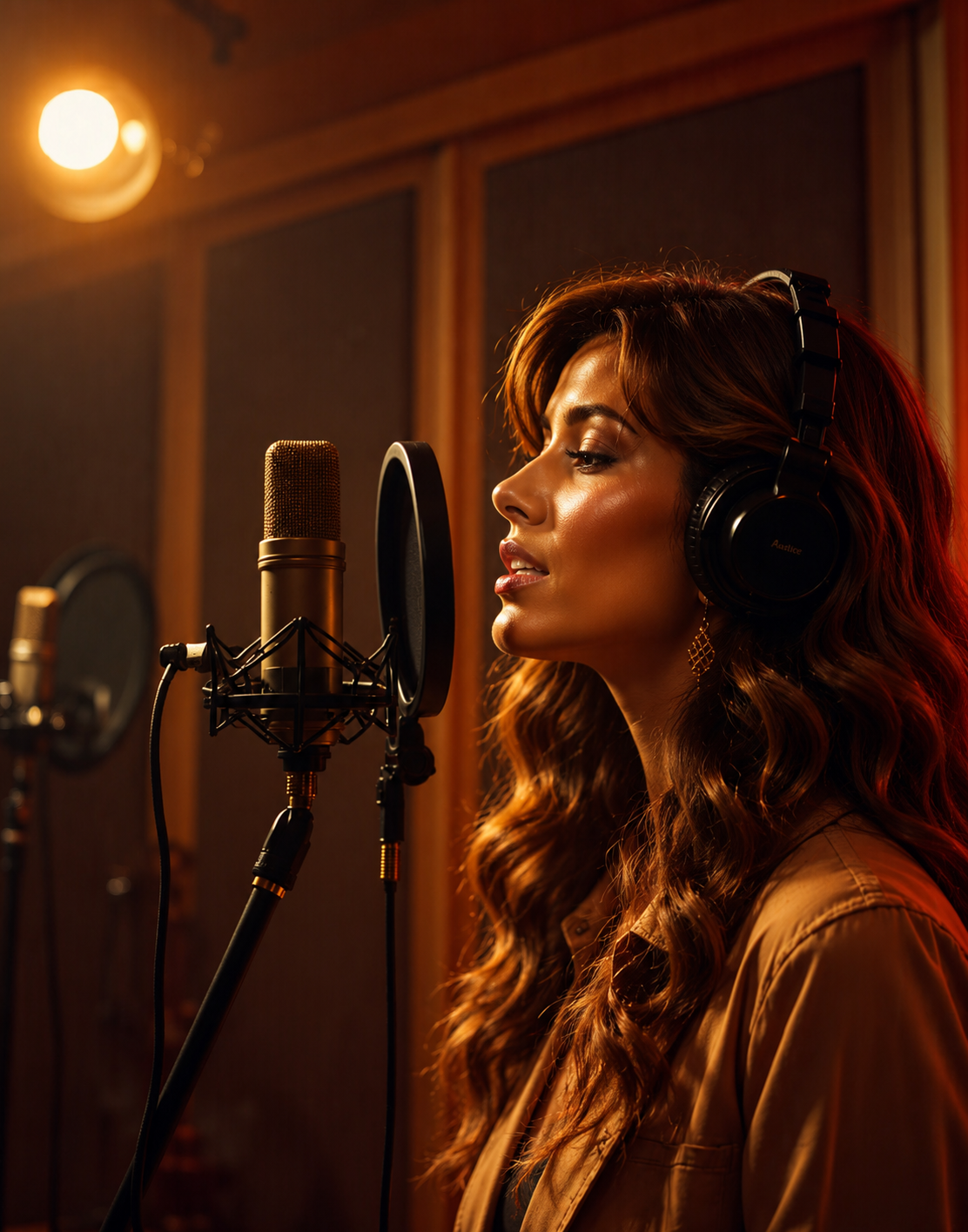 CRYSTALLE recording vocals in a warm studio